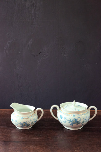 Nankin Cream & Sugar Set with Blue White Gold Floral Design - Antique Haviland Limoges Porcelain Cream and Sugar