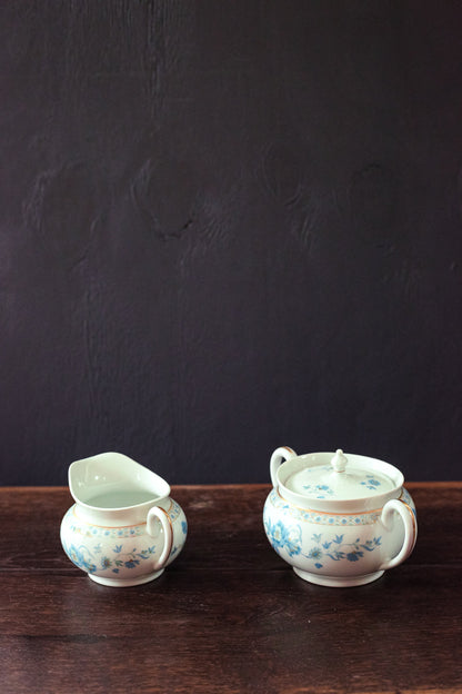 Nankin Cream & Sugar Set with Blue White Gold Floral Design - Antique Haviland Limoges Porcelain Cream and Sugar