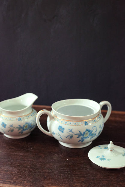 Nankin Cream & Sugar Set with Blue White Gold Floral Design - Antique Haviland Limoges Porcelain Cream and Sugar