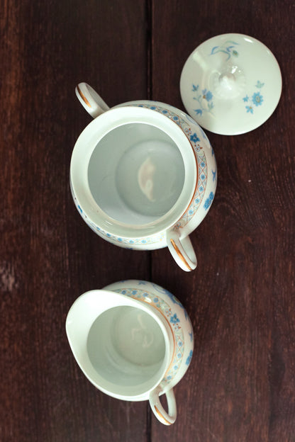 Nankin Cream & Sugar Set with Blue White Gold Floral Design - Antique Haviland Limoges Porcelain Cream and Sugar