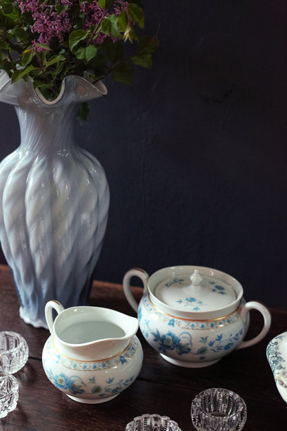 Nankin Cream & Sugar Set with Blue White Gold Floral Design - Antique Haviland Limoges Porcelain Cream and Sugar