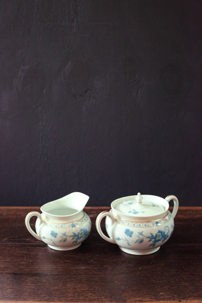 Nankin Cream & Sugar Set with Blue White Gold Floral Design - Antique Haviland Limoges Porcelain Cream and Sugar