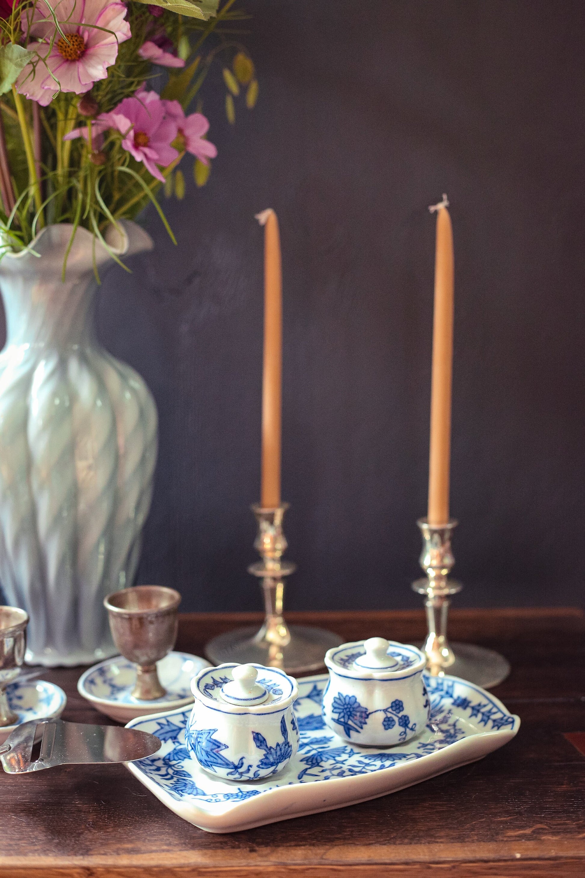 Blue Onion Ceramic Salt Pepper Serving Tray with Containers & Lids - Vintage Blue White Porcelain Tableware