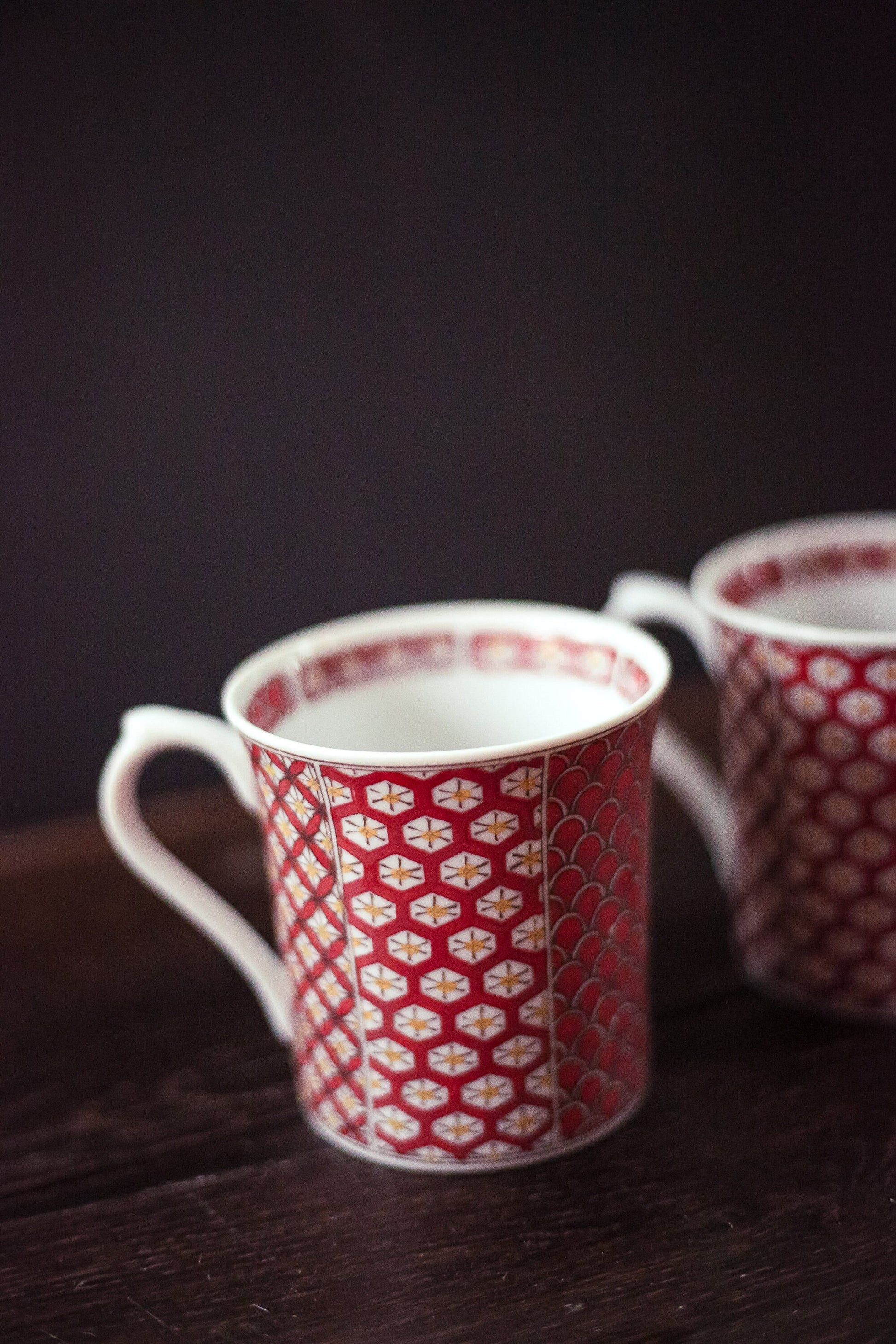 Pair of Vintage Orange Print Porcelain Mugs - Mixed Pattern Printed Mug Set