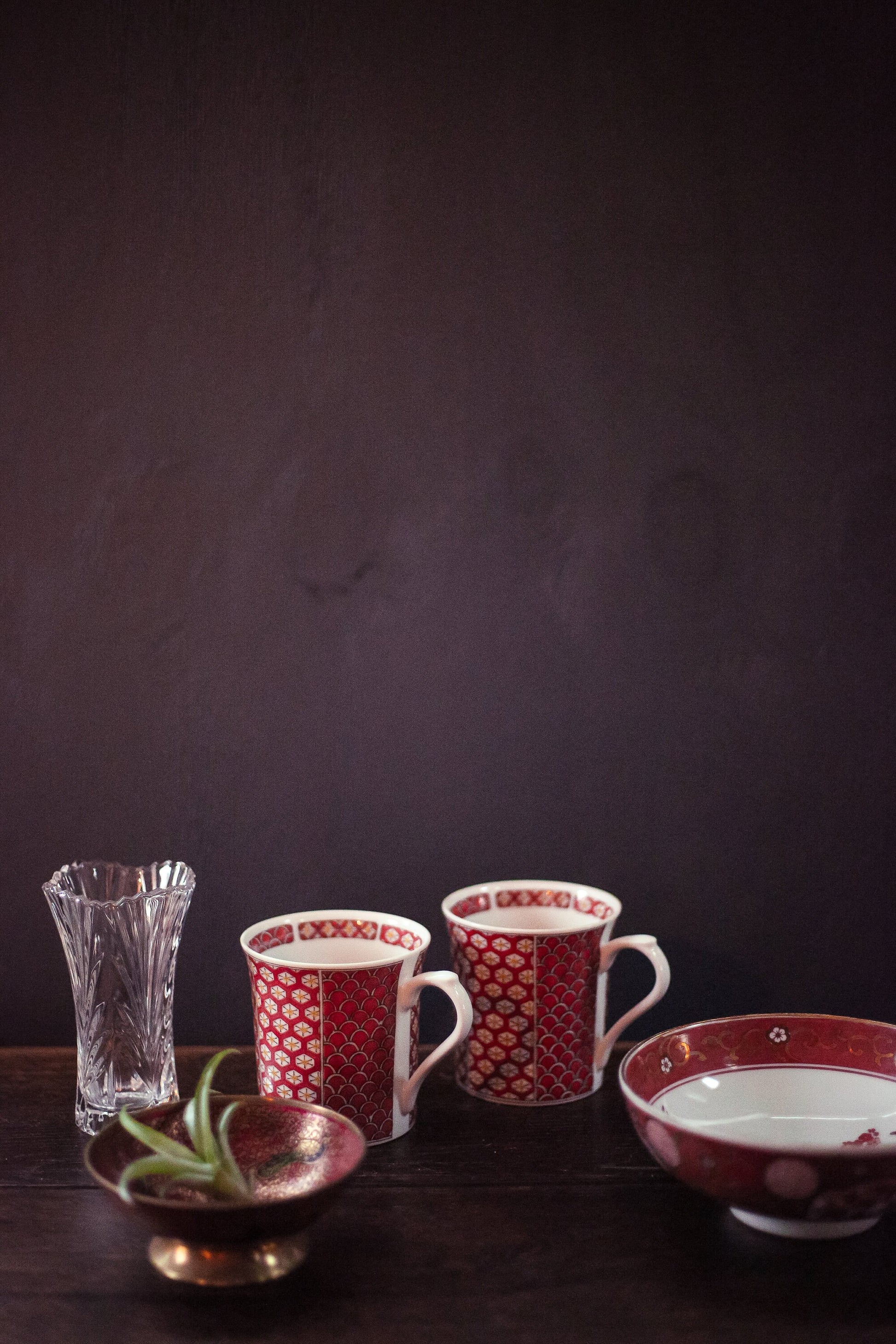 Pair of Vintage Orange Print Porcelain Mugs - Mixed Pattern Printed Mug Set