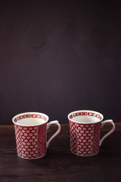 Pair of Vintage Orange Print Porcelain Mugs - Mixed Pattern Printed Mug Set