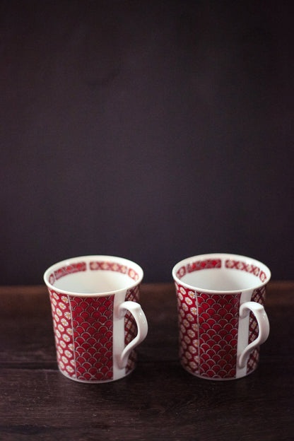 Pair of Vintage Orange Print Porcelain Mugs - Mixed Pattern Printed Mug Set