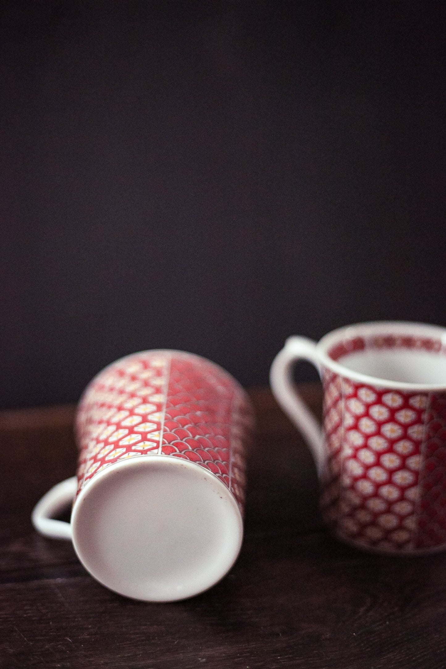 Pair of Vintage Orange Print Porcelain Mugs - Mixed Pattern Printed Mug Set