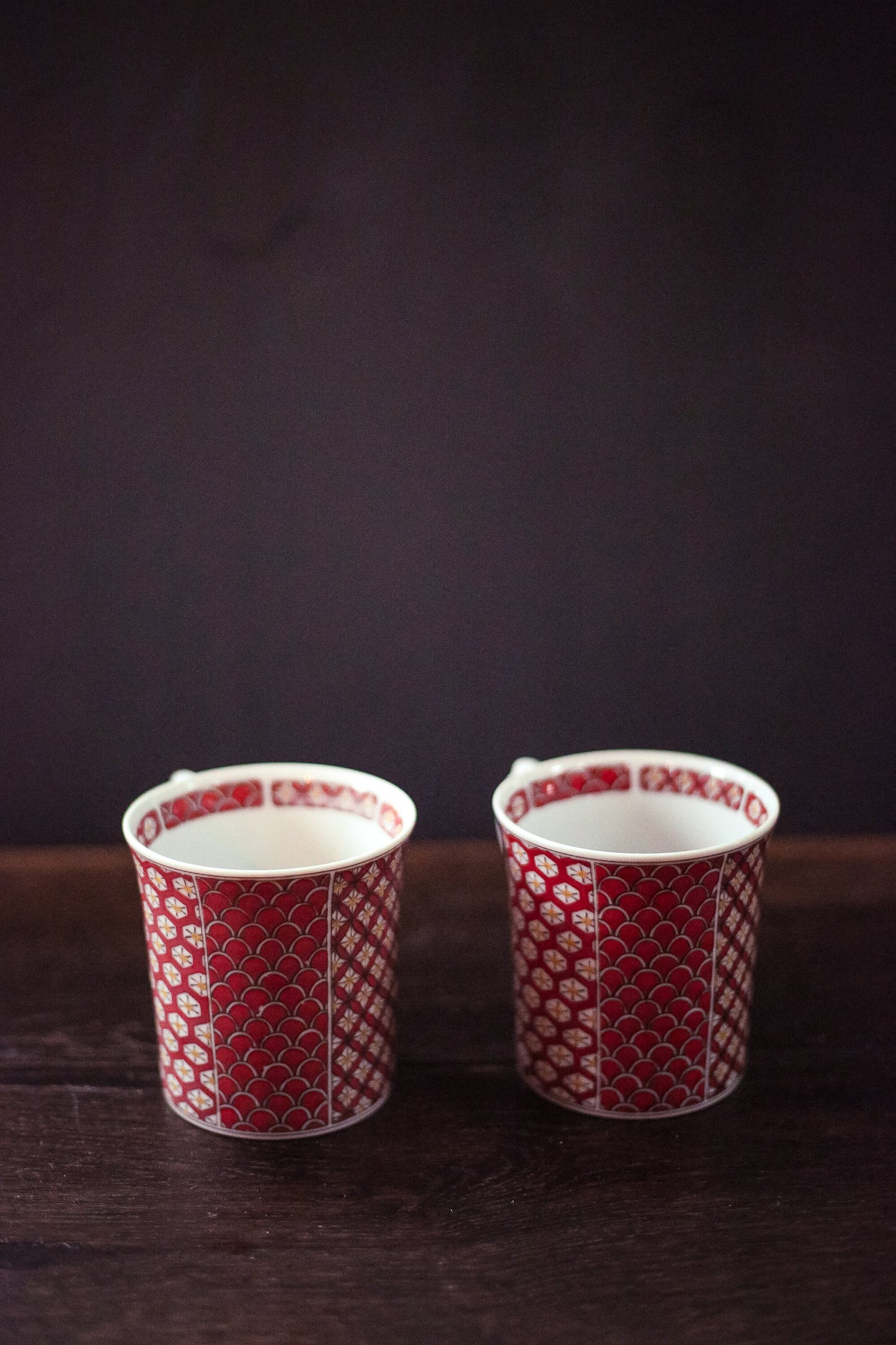 Pair of Vintage Orange Print Porcelain Mugs - Mixed Pattern Printed Mug Set