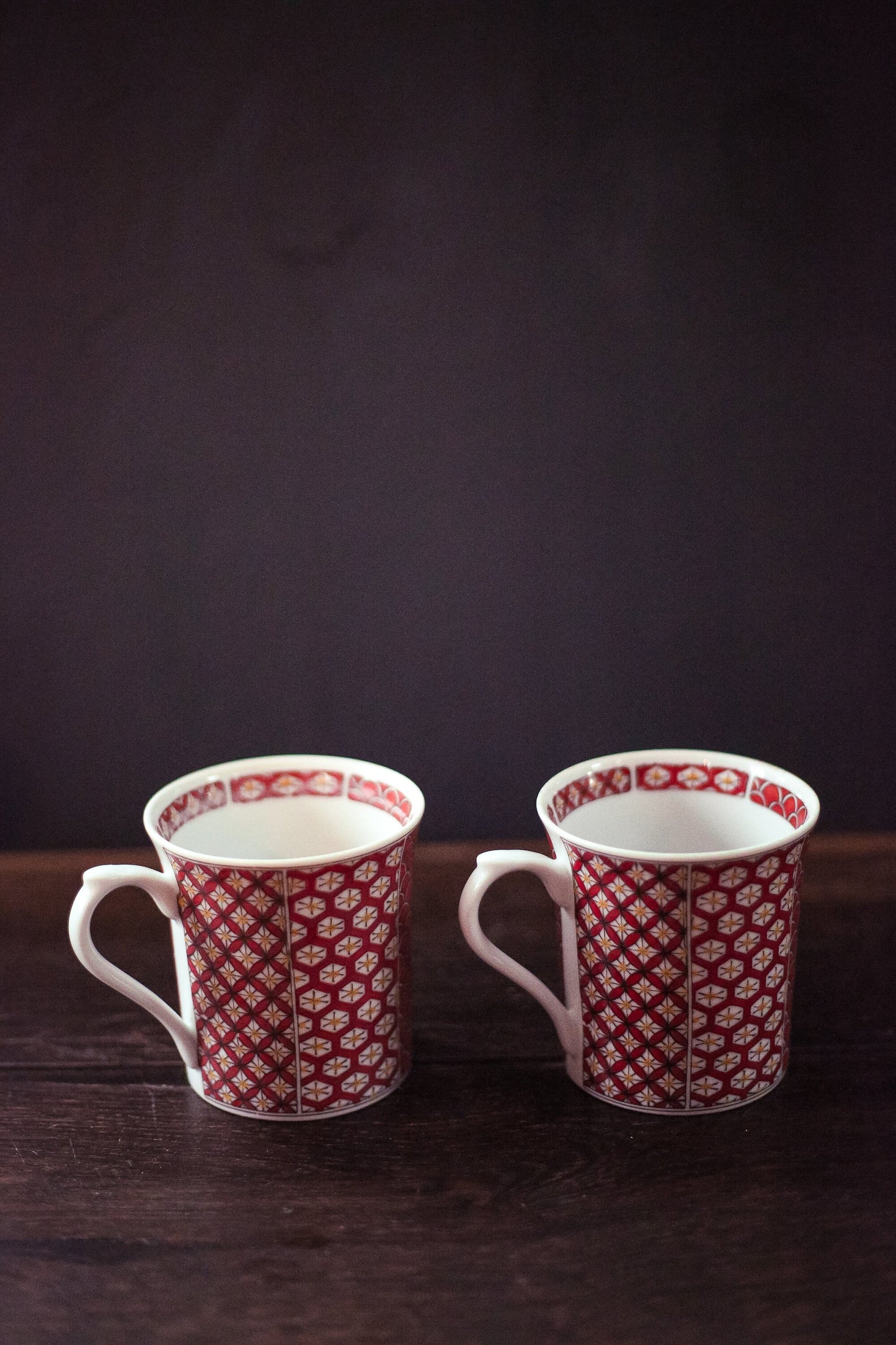 Pair of Vintage Orange Print Porcelain Mugs - Mixed Pattern Printed Mug Set