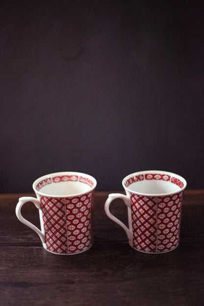 Pair of Vintage Orange Print Porcelain Mugs - Mixed Pattern Printed Mug Set