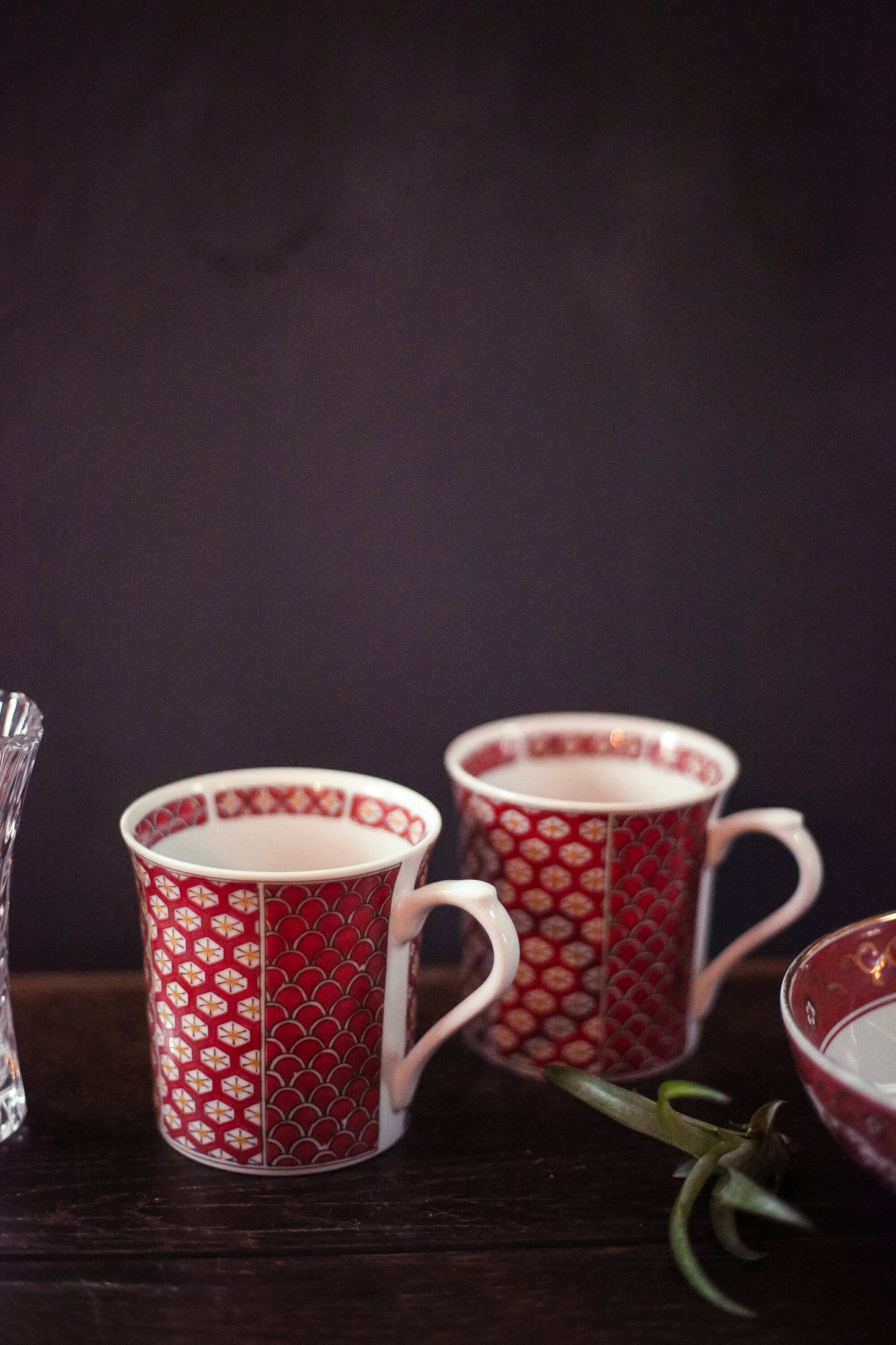 Pair of Vintage Orange Print Porcelain Mugs - Mixed Pattern Printed Mug Set