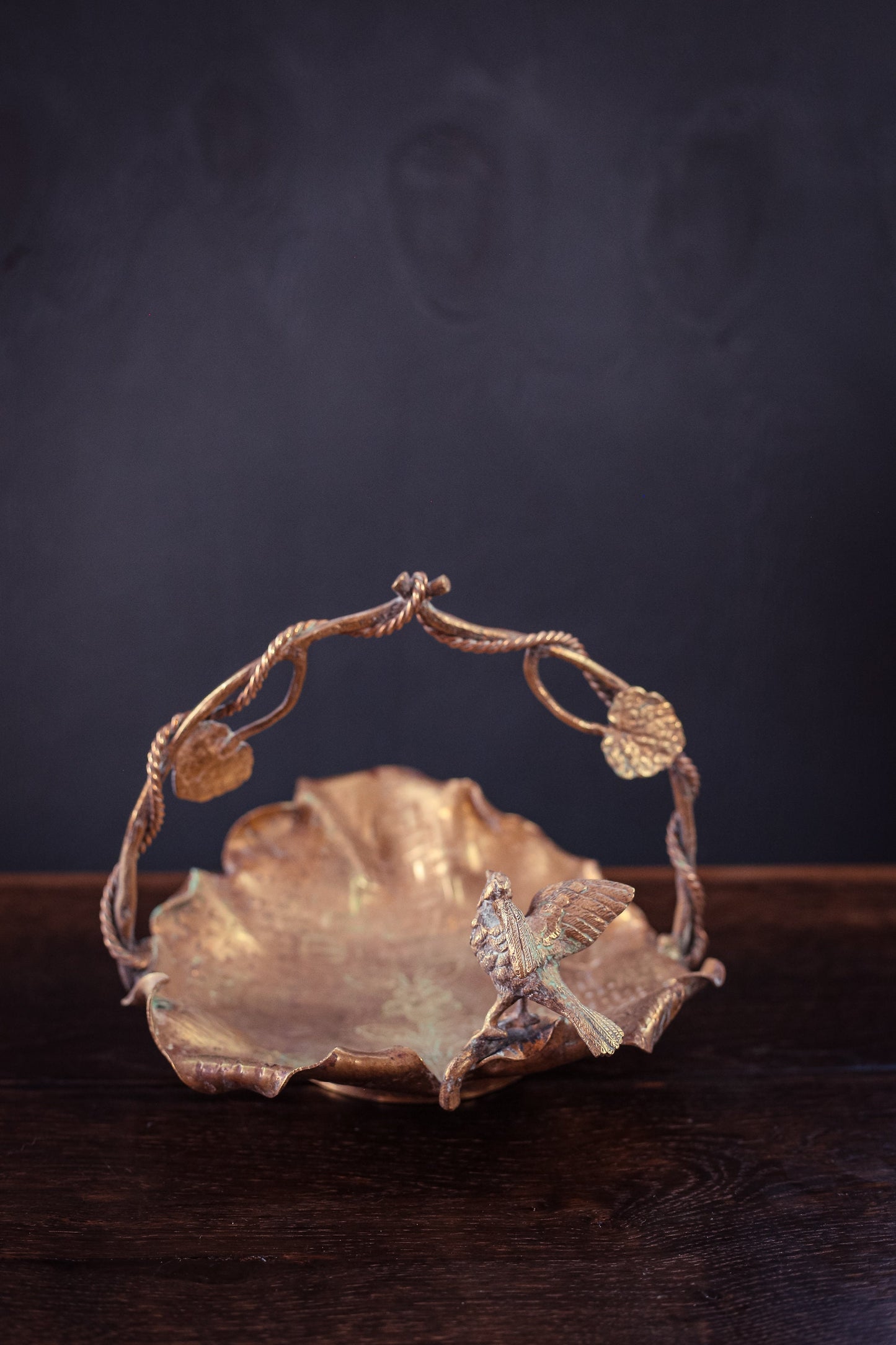 Brass Leaf Shaped Bowl with Eagle and Vine Shaped Handle - Vintage Brass Bowl