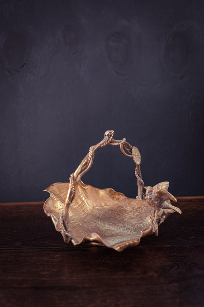 Brass Leaf Shaped Bowl with Eagle and Vine Shaped Handle - Vintage Brass Bowl