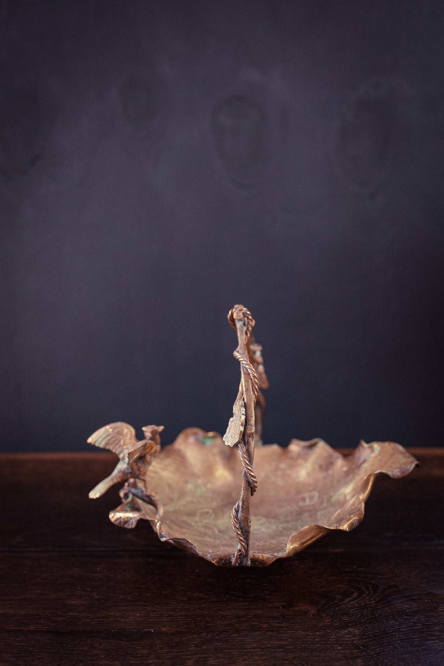 Brass Leaf Shaped Bowl with Eagle and Vine Shaped Handle - Vintage Brass Bowl