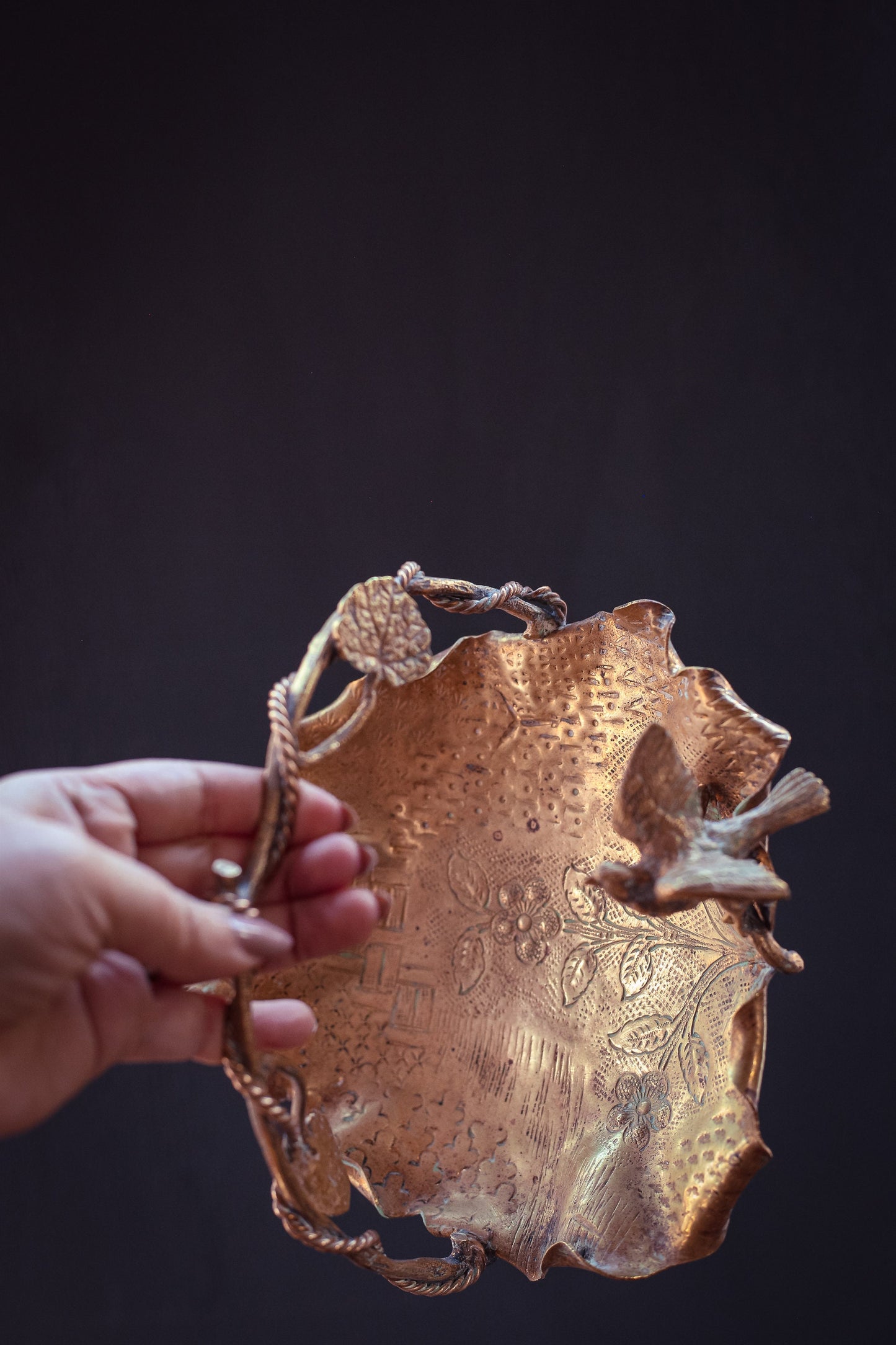 Brass Leaf Shaped Bowl with Eagle and Vine Shaped Handle - Vintage Brass Bowl