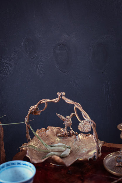 Brass Leaf Shaped Bowl with Eagle and Vine Shaped Handle - Vintage Brass Bowl