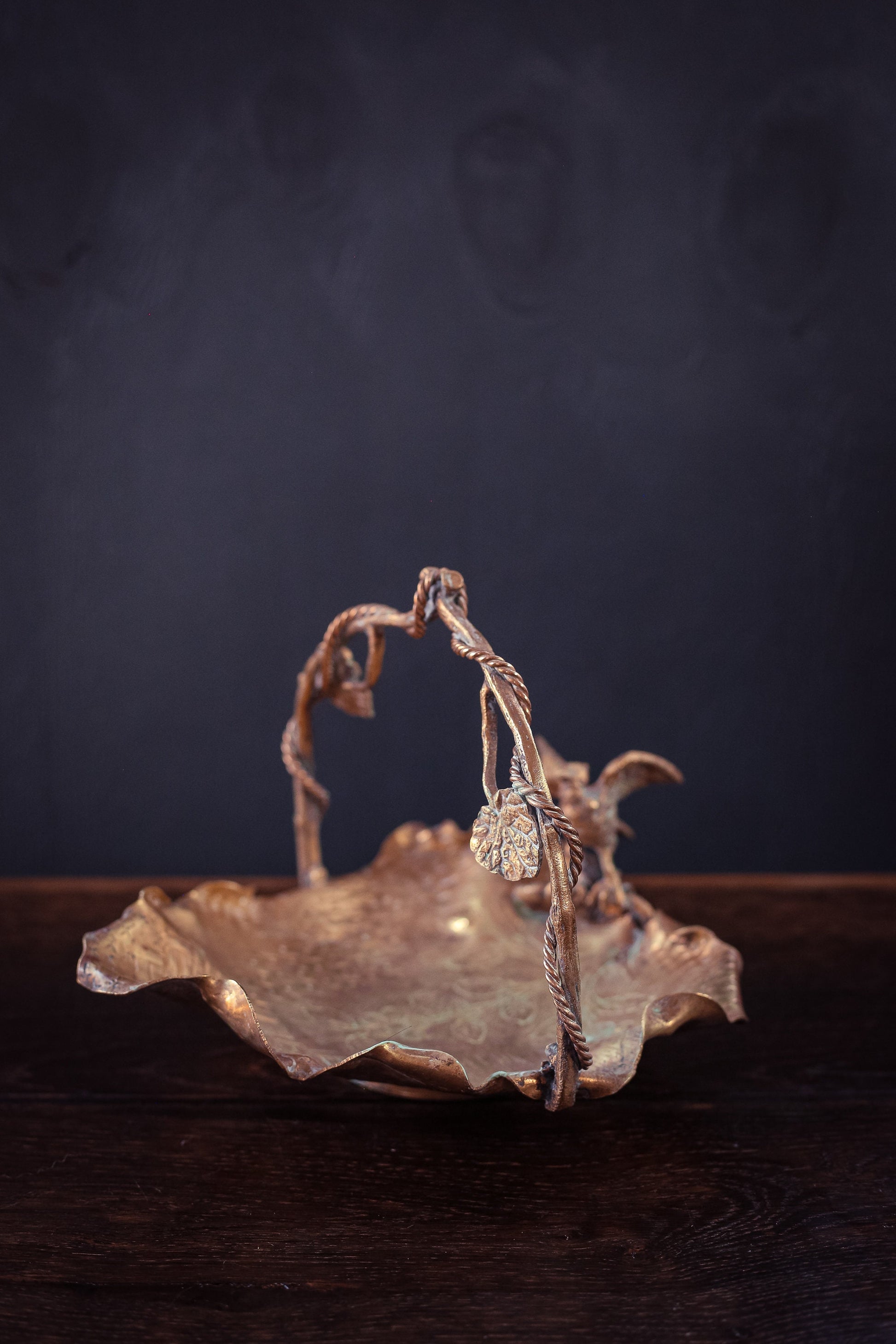 Brass Leaf Shaped Bowl with Eagle and Vine Shaped Handle - Vintage Brass Bowl