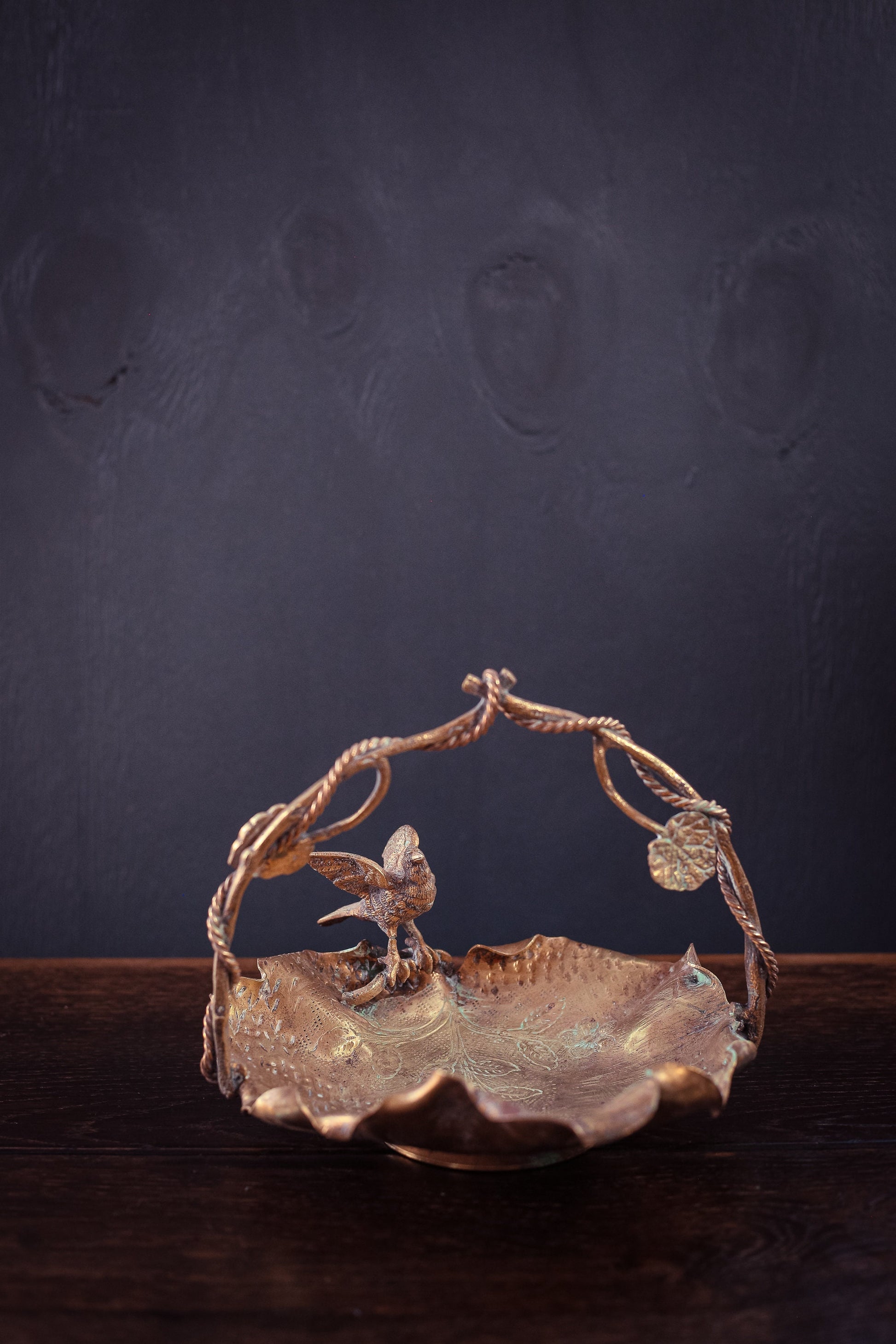 Brass Leaf Shaped Bowl with Eagle and Vine Shaped Handle - Vintage Brass Bowl