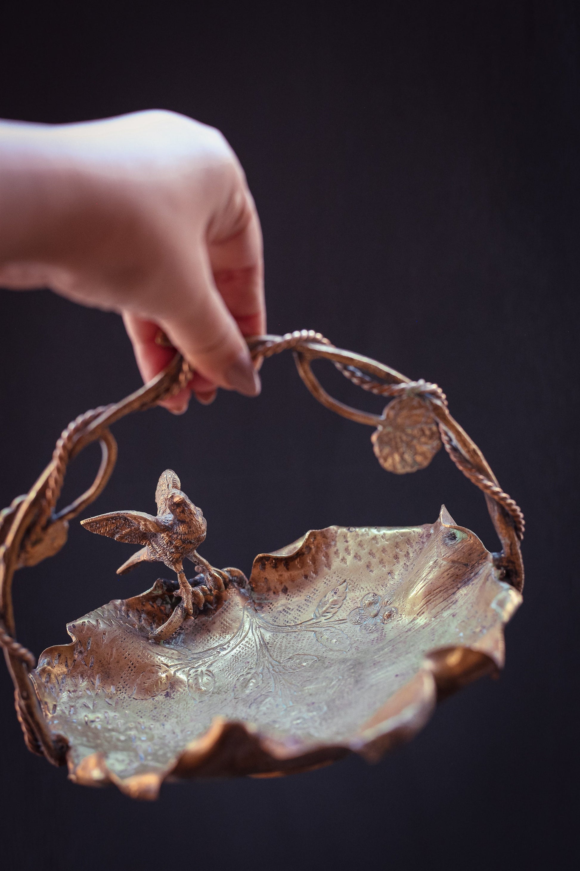 Brass Leaf Shaped Bowl with Eagle and Vine Shaped Handle - Vintage Brass Bowl