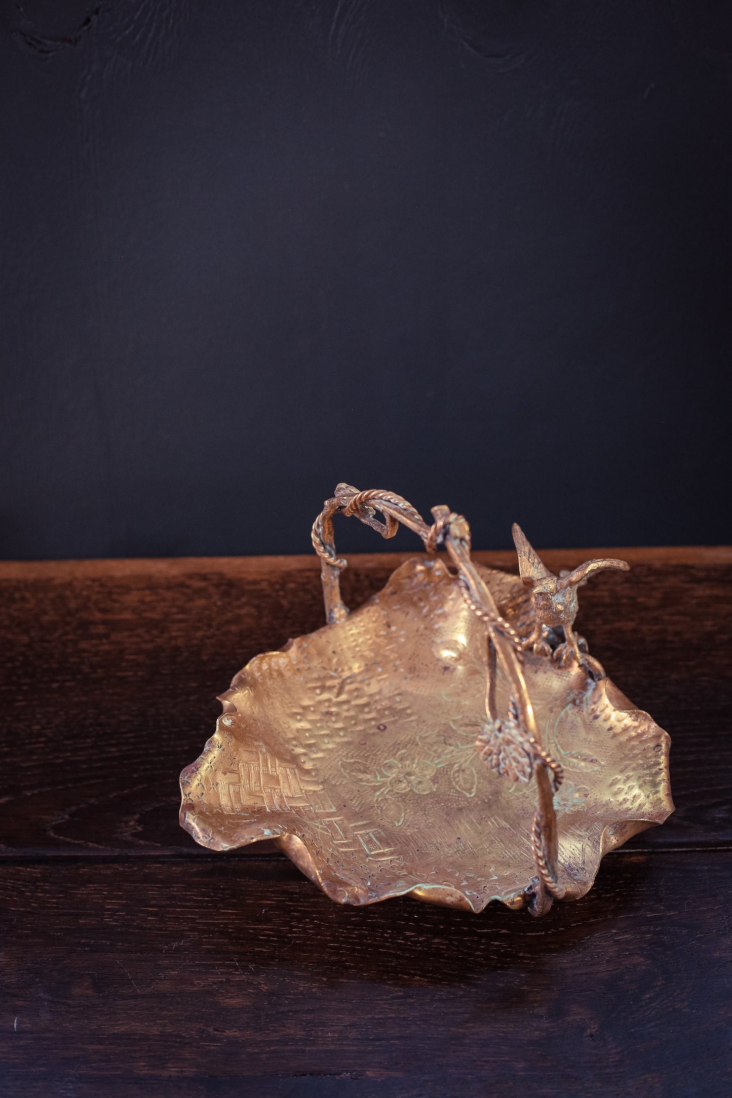 Brass Leaf Shaped Bowl with Eagle and Vine Shaped Handle - Vintage Brass Bowl