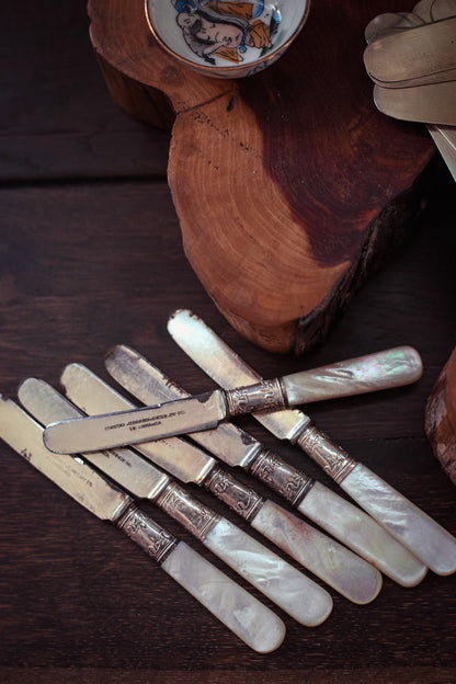 Set of 6 Small Mother of Pearl Handle Butter Knives - Vintage MOP Silver Fruit Knife Set *As Is see description*