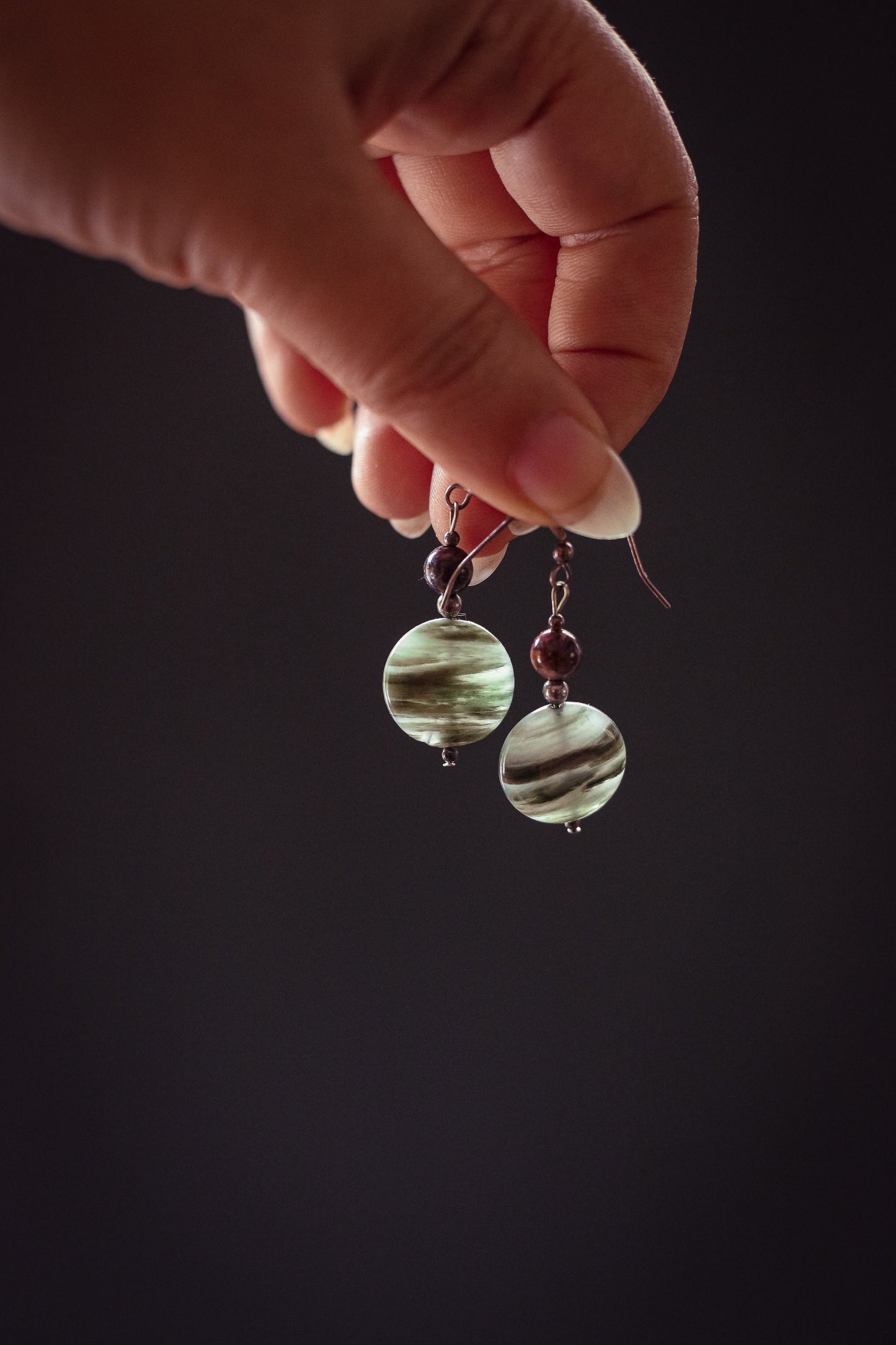 Round Moss Agate drop earrings - Vintage Estate Jewelry