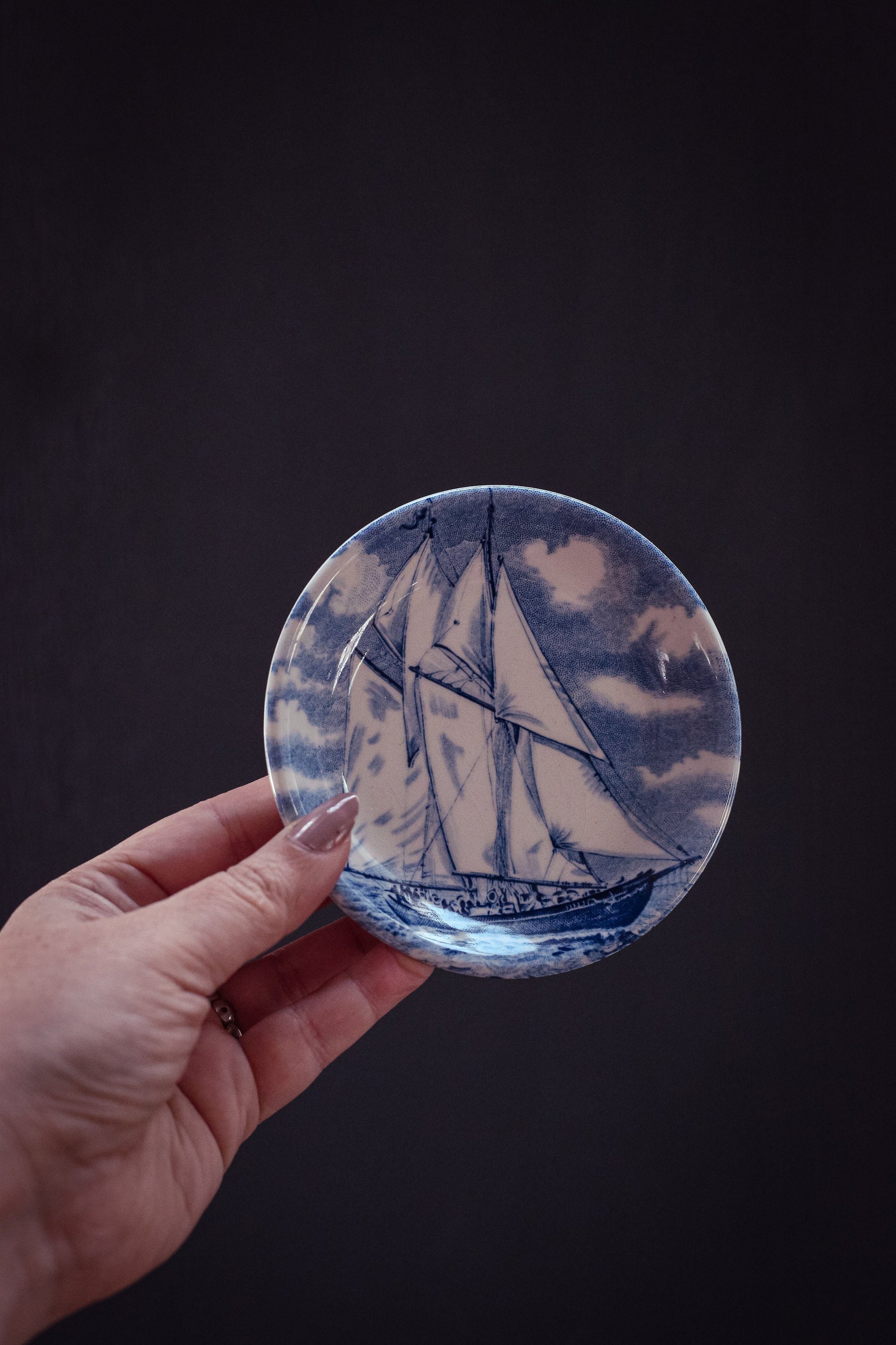 Small Blue & White Sailboat Plate - Vintage Blue White Decorative Dish