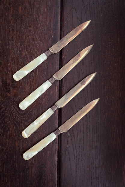 Mother of Pearl & Silver Knives set of 4 - Vintage MOP Handle Silver Ferrule Knives