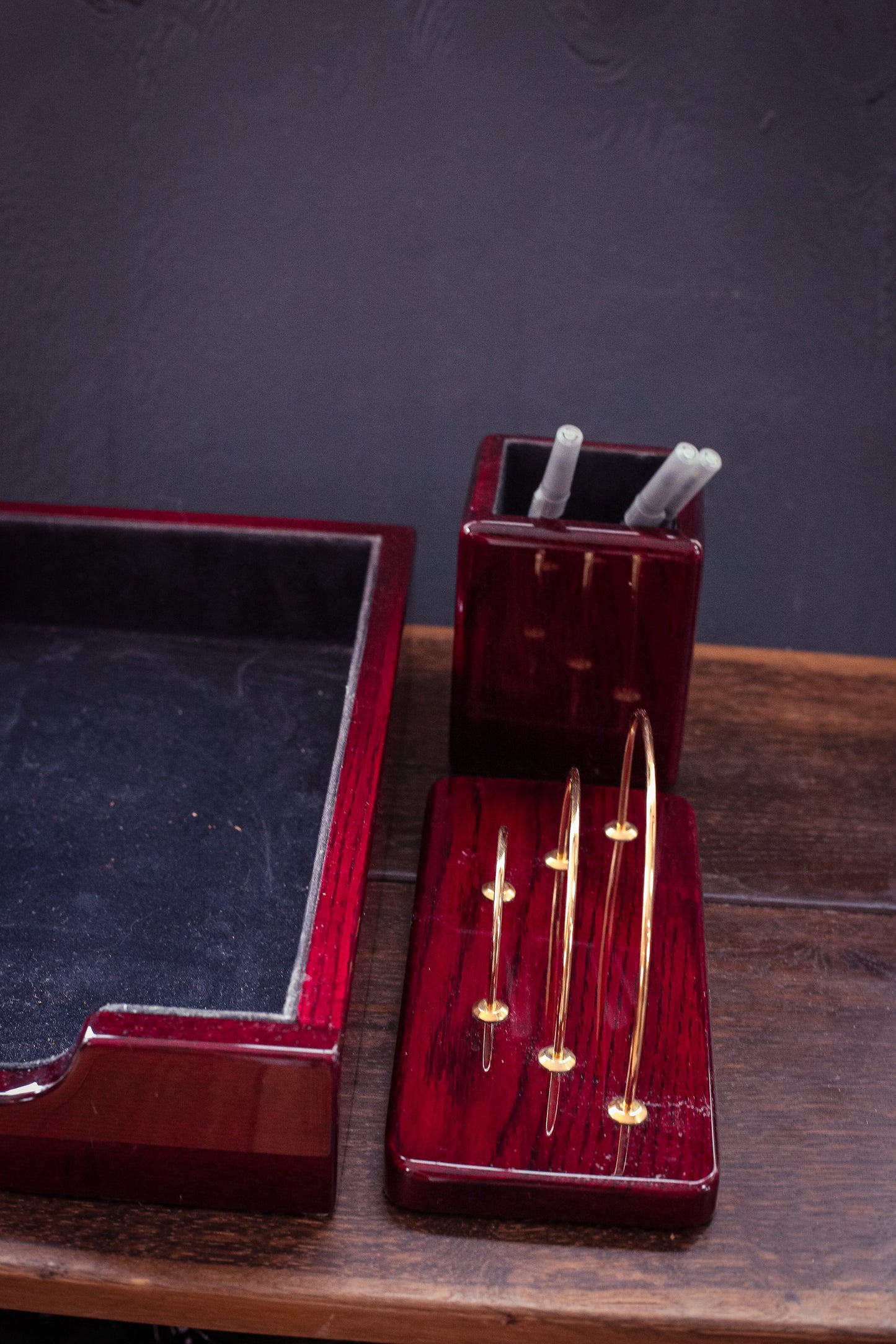 Laquered Wood Desk Organizer Set - Vintage Wooden Desk Set Cherry/ Burgundy 3 pcs