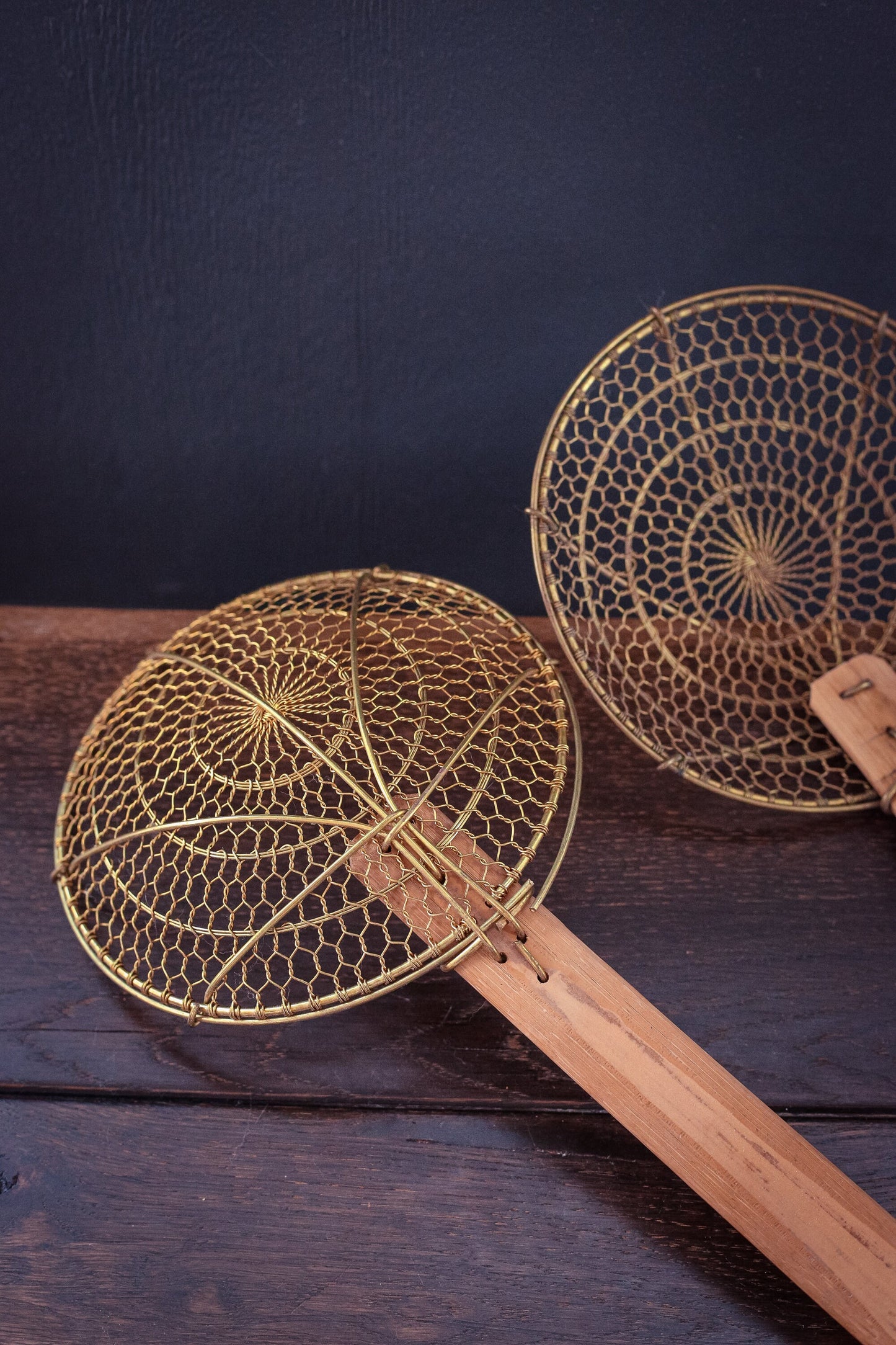 Bamboo Brass Spider Skimmer - Vintage Cookware 7" Strainer Spoon