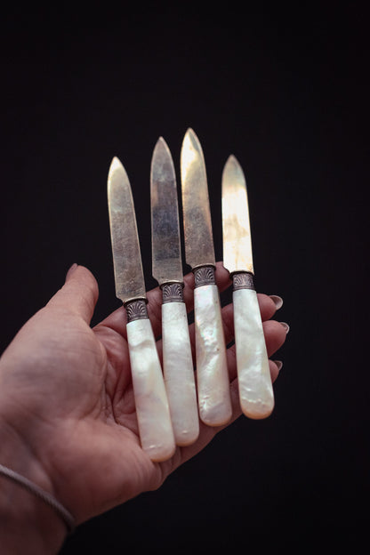 Mother of Pearl & Silver Knives set of 4 - Vintage MOP Handle Silver Ferrule Knives