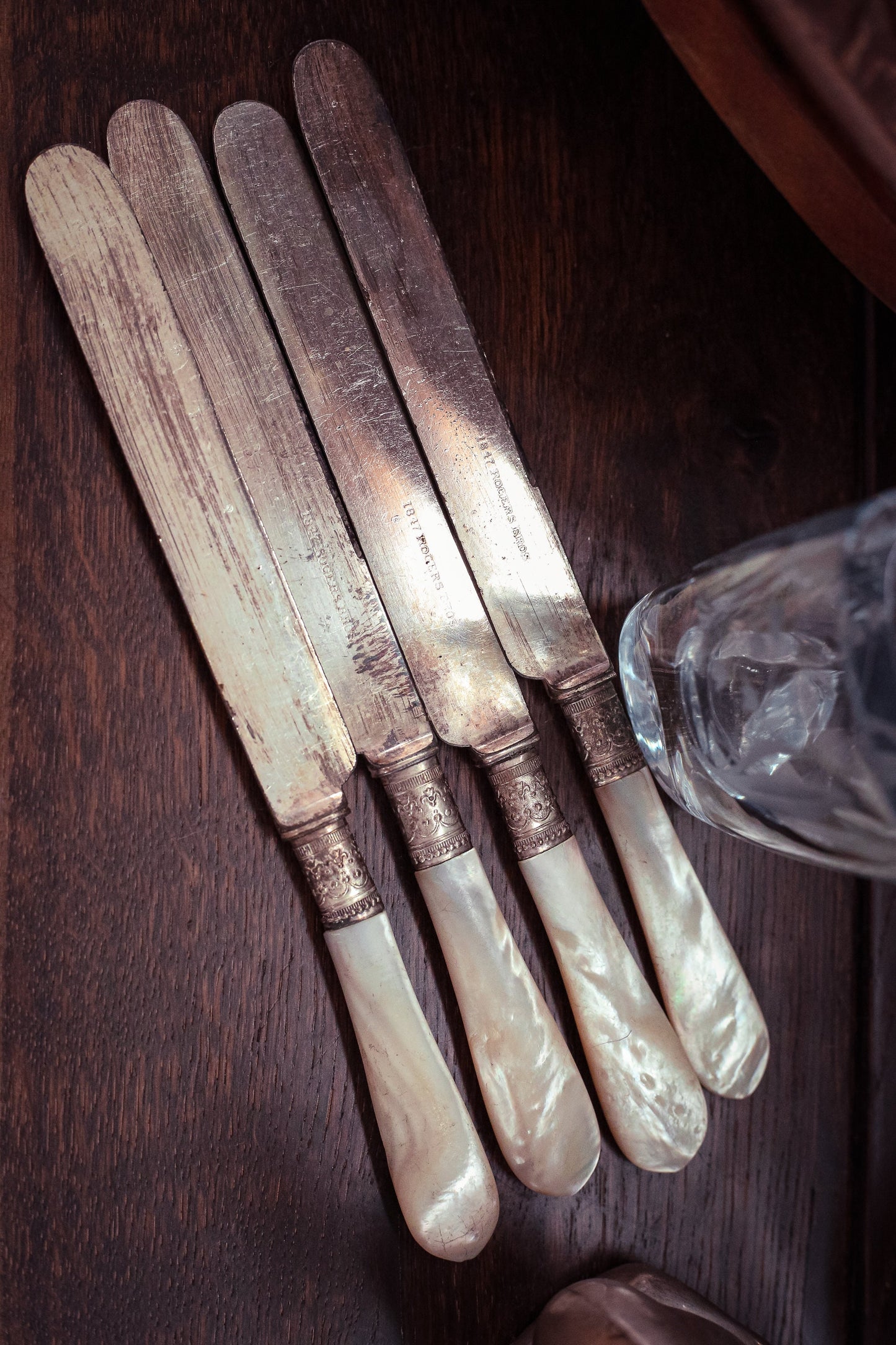 Set of 4 Roger Bros MOP & Silver Knives - Antique Cutlery *As is See Condition Notes in Description