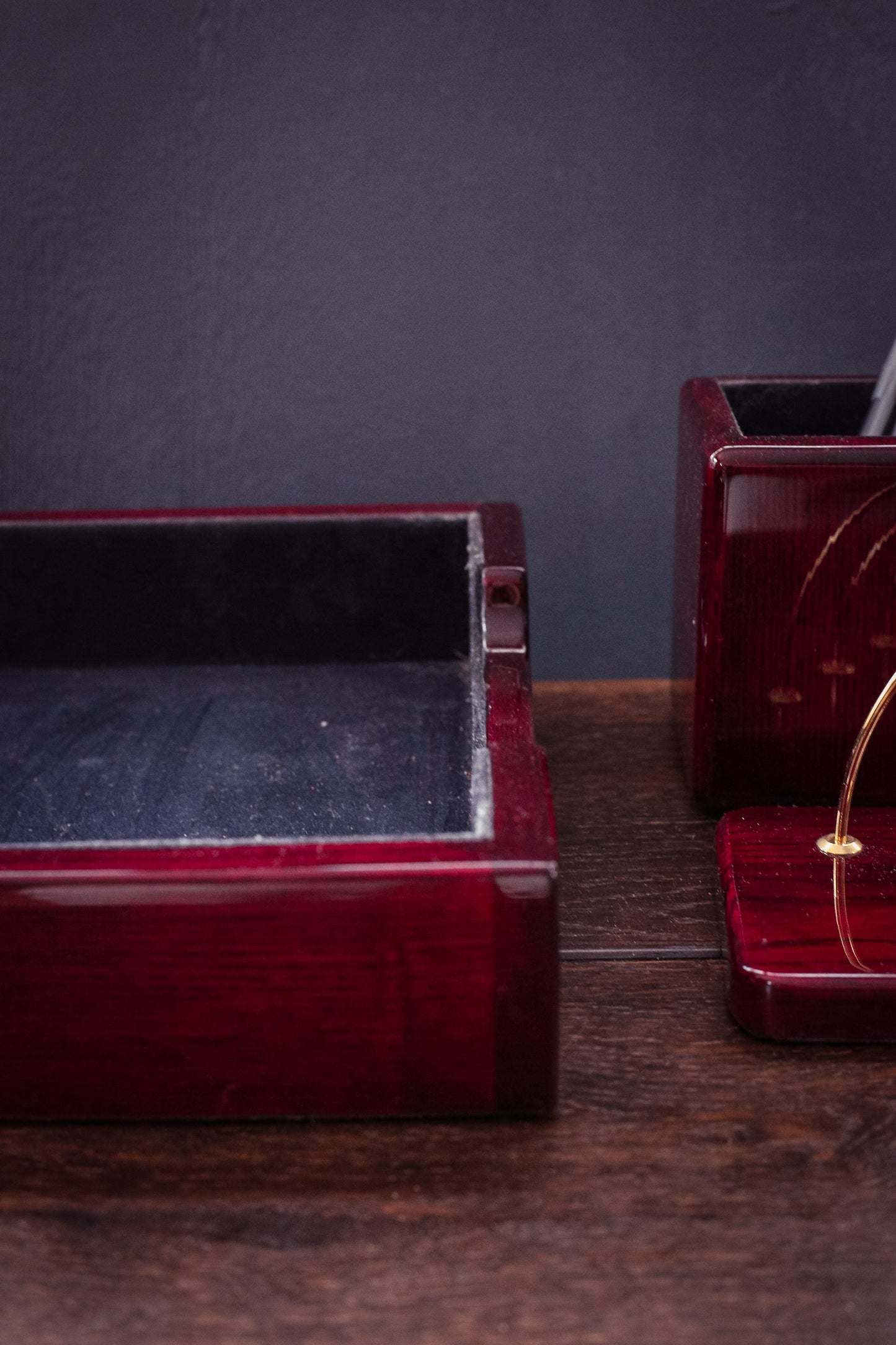 Laquered Wood Desk Organizer Set - Vintage Wooden Desk Set Cherry/ Burgundy 3 pcs