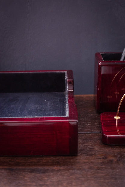 Laquered Wood Desk Organizer Set - Vintage Wooden Desk Set Cherry/ Burgundy 3 pcs