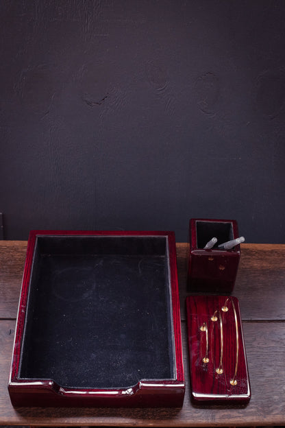 Laquered Wood Desk Organizer Set - Vintage Wooden Desk Set Cherry/ Burgundy 3 pcs