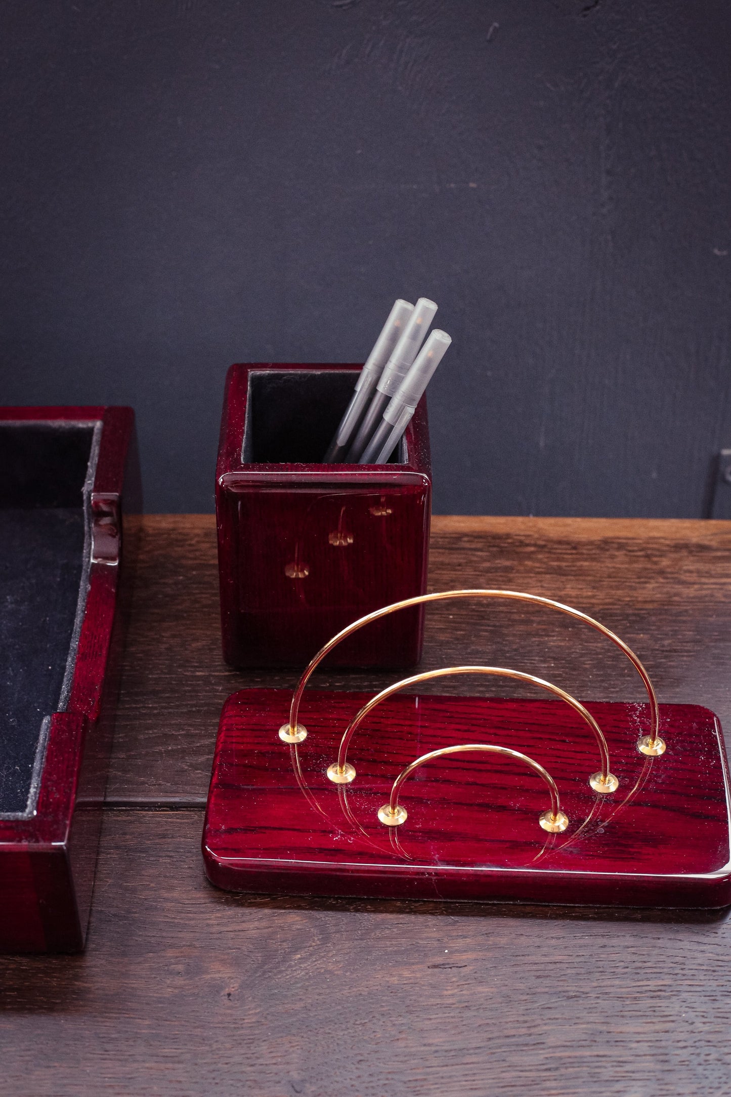 Laquered Wood Desk Organizer Set - Vintage Wooden Desk Set Cherry/ Burgundy 3 pcs