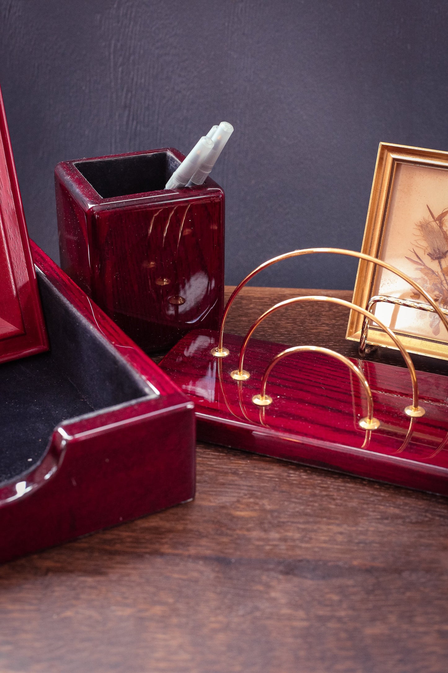 Laquered Wood Desk Organizer Set - Vintage Wooden Desk Set Cherry/ Burgundy 3 pcs