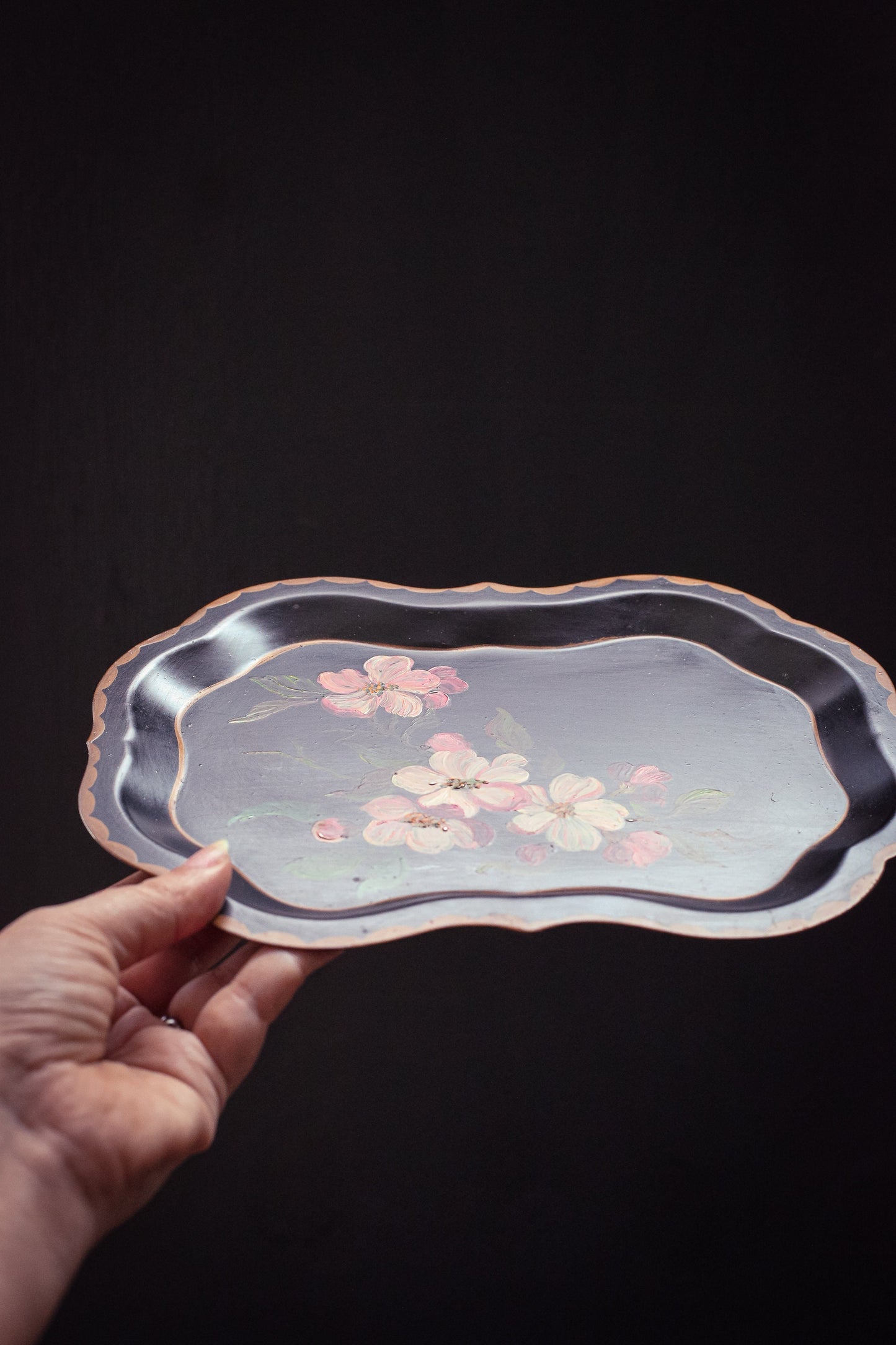 Small Apple Blossom Tole Painted Metal Tray - Vintage Floral Toleware Tray Black & Pink