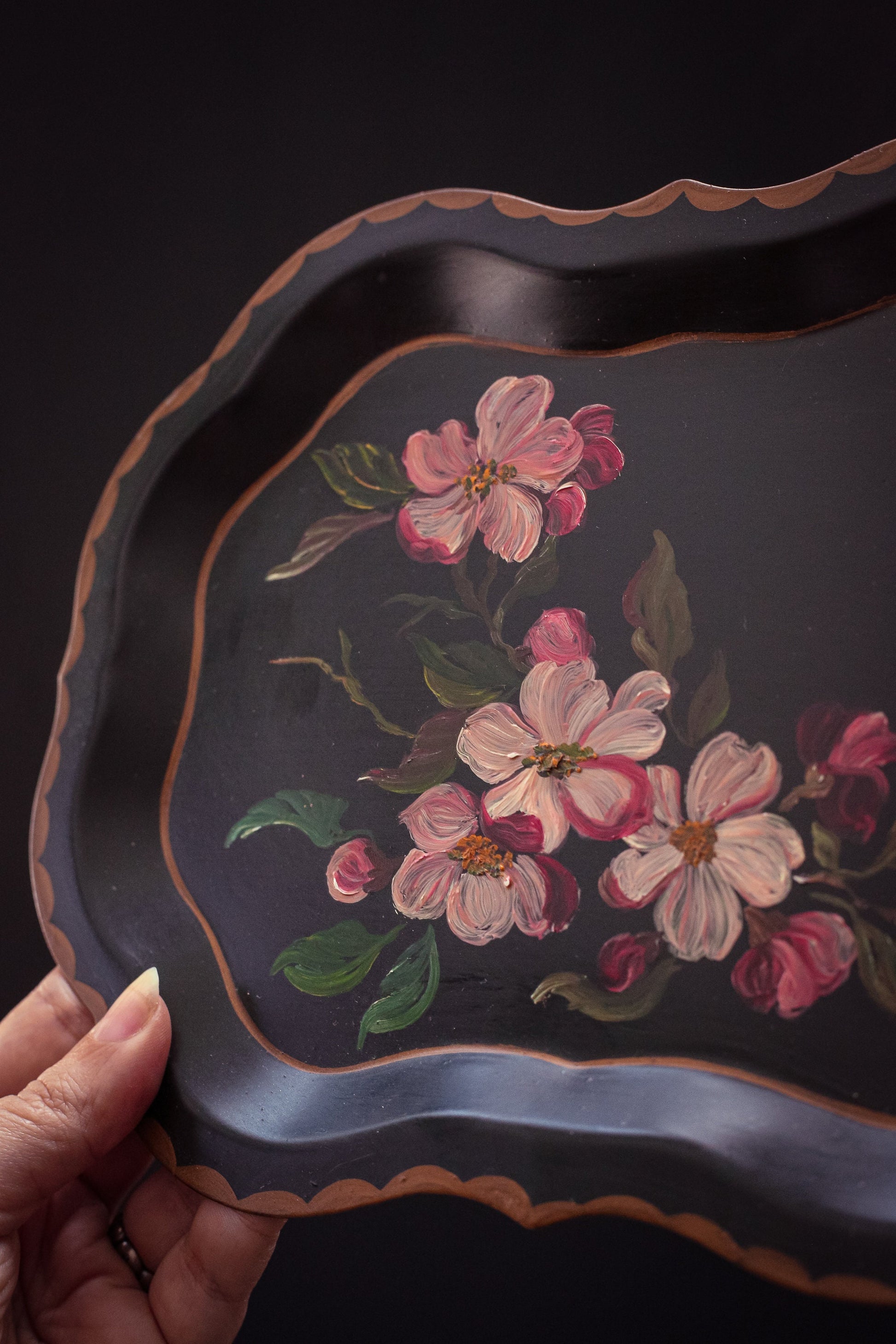 Small Apple Blossom Tole Painted Metal Tray - Vintage Floral Toleware Tray Black & Pink