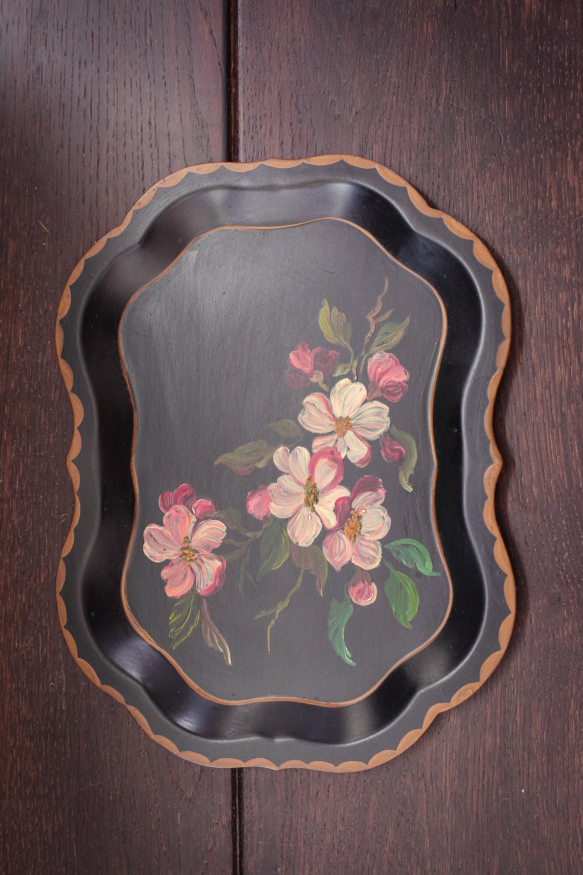 Small Apple Blossom Tole Painted Metal Tray - Vintage Floral Toleware Tray Black & Pink