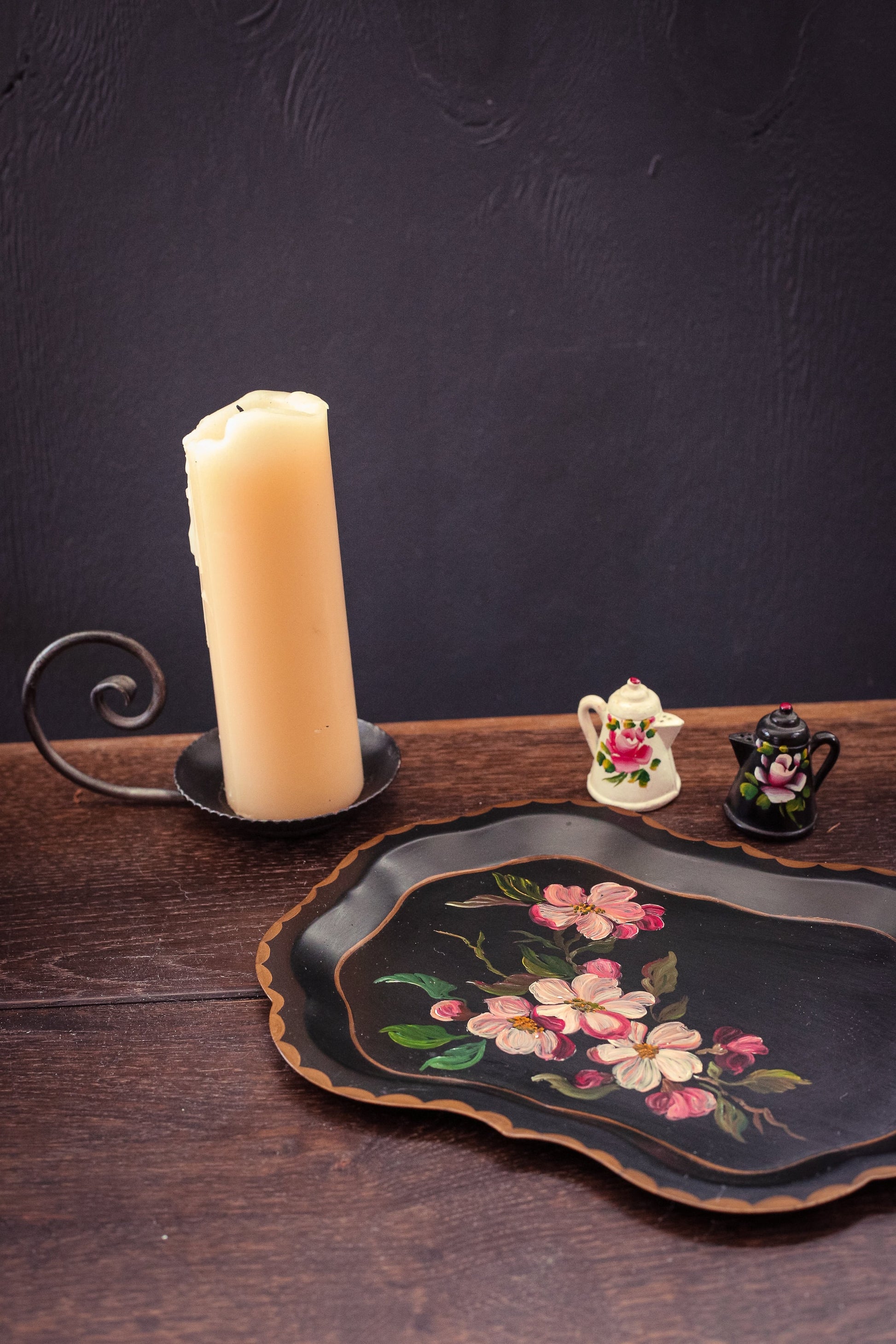 Pair of Black/White Floral Painted Metal Salt & Pepper