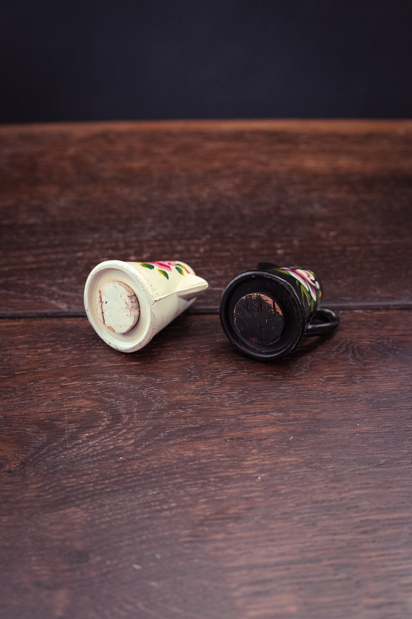 Pair of Black/White Floral Painted Metal Salt & Pepper