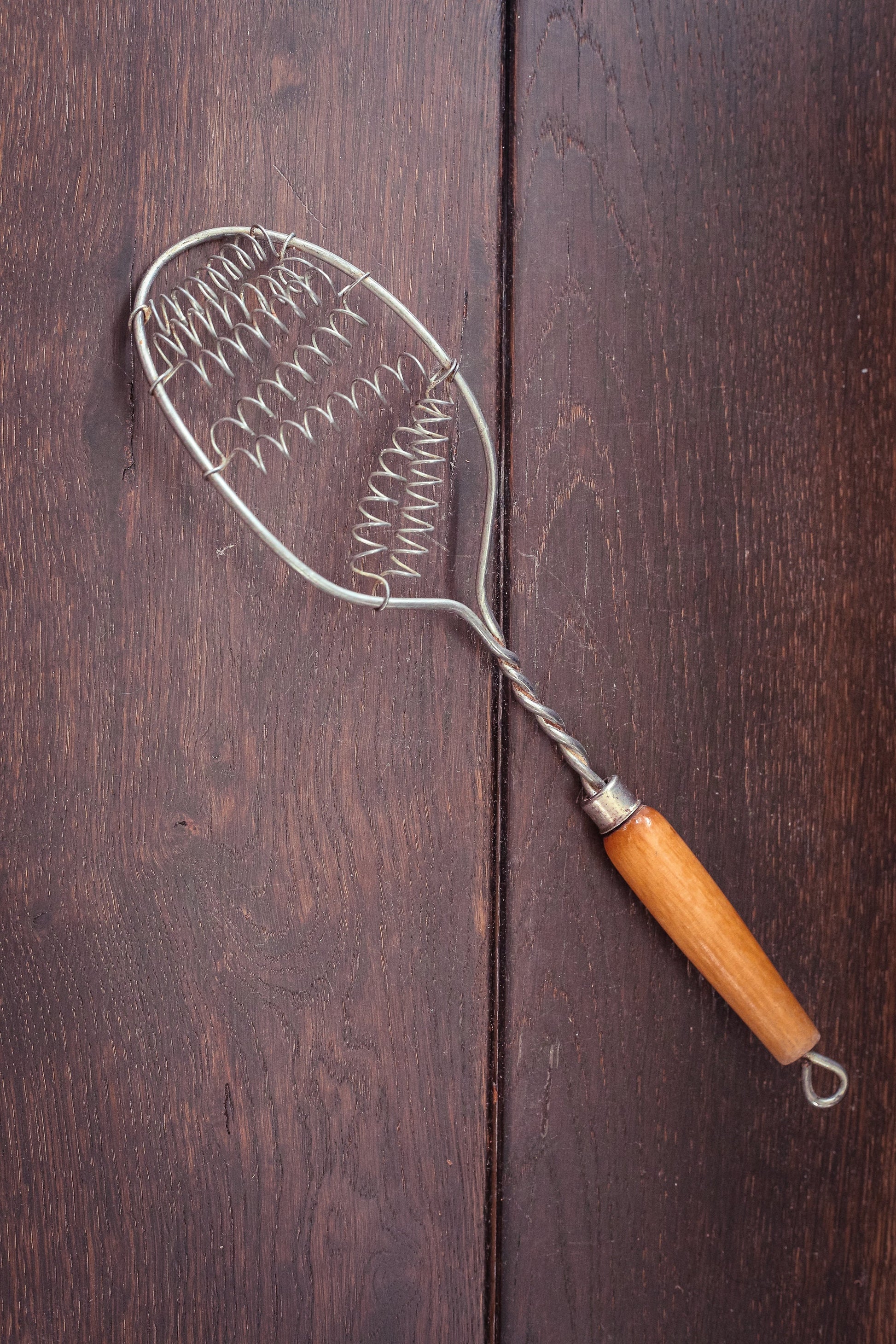 Coil Wire Whisk with Wood Handle Baking Utensil - Vintage Metal Spring Wooden Whisk Farmhouse Kitchen