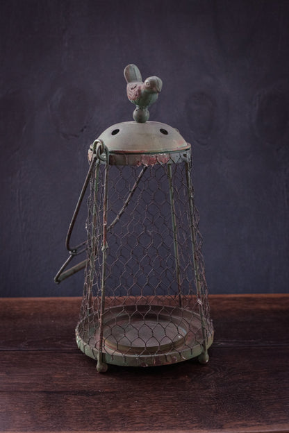 Large Chicken Wire Hurricane with Bird Lid & Handle - Vintage Farmhouse Decor