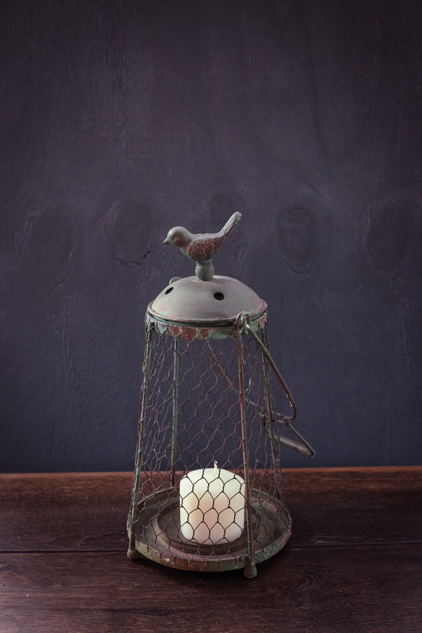 Large Chicken Wire Hurricane with Bird Lid & Handle - Vintage Farmhouse Decor