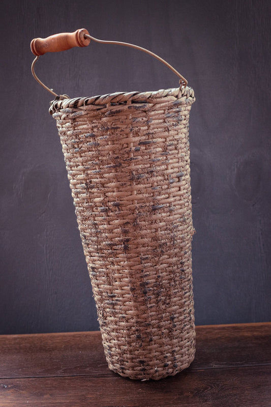 Tall Sponge Painted Floral Basket with Metal & Wood Handle - Vintage Farmhouse Decorative Basket