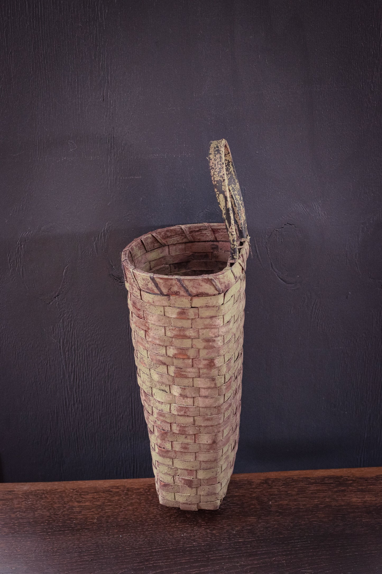 Tall Flat Back Sponge Painted Basket with Leather Handle - Vintage Farmhouse Decorative Basket