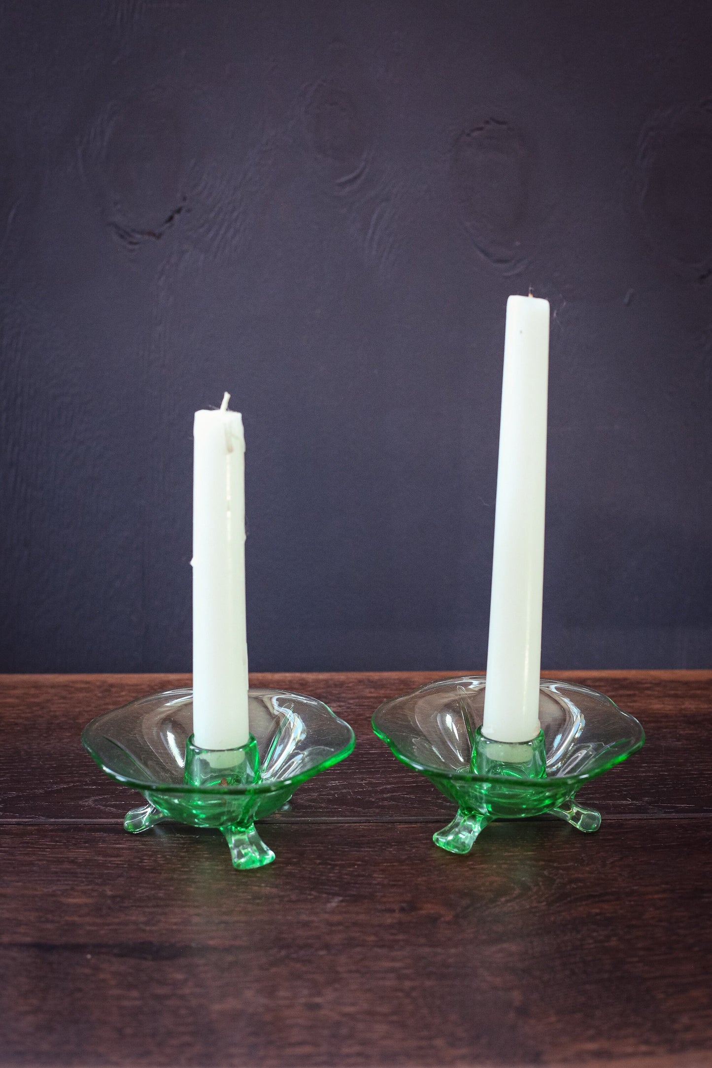 Green Lotus Uranium Glass Candle Holders by Fenton - Vintage Vaseline Depression Glass