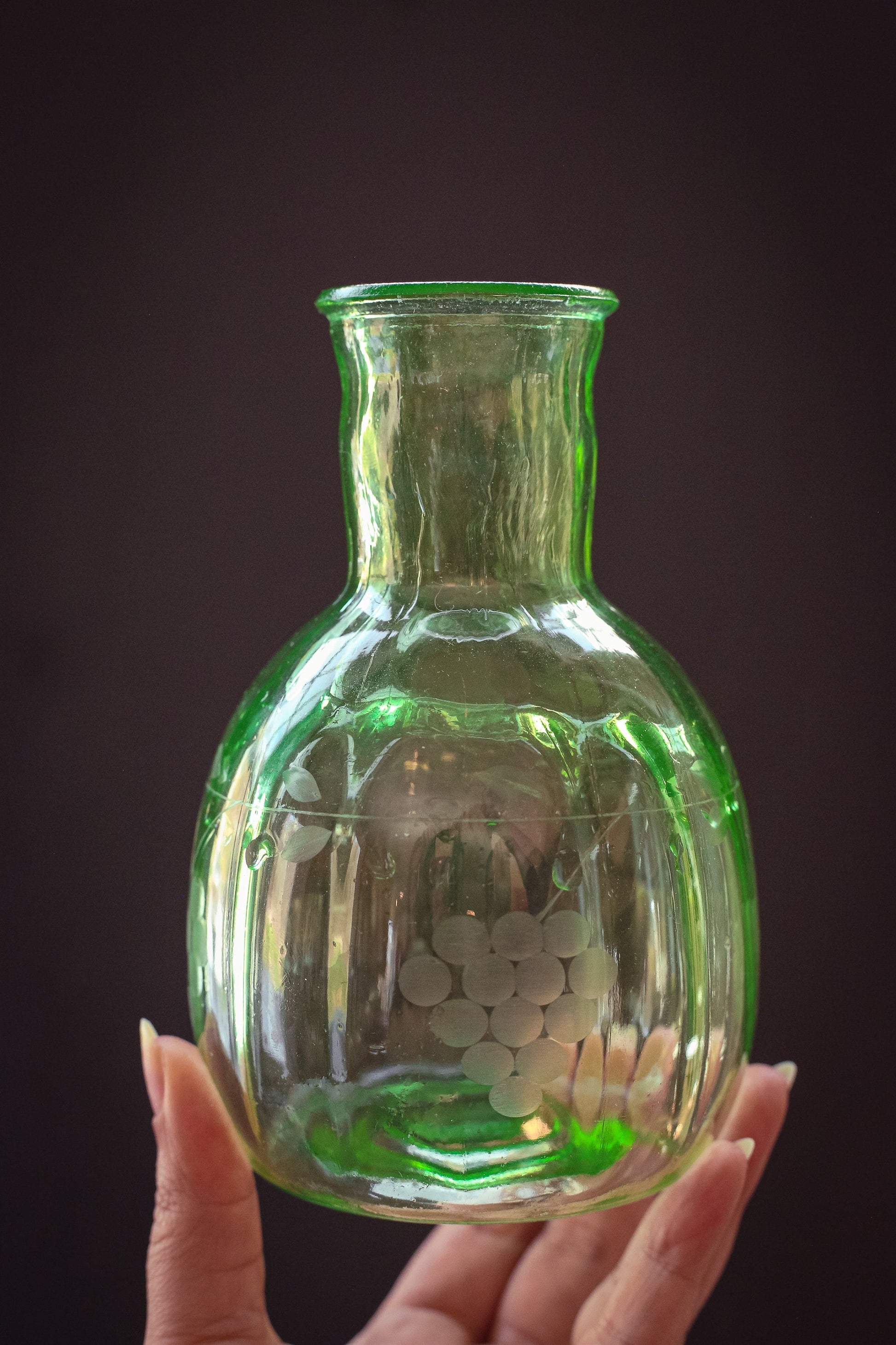 Green Uranium Glass Vase/Carafe - Vintage Depression Vaseline Glass Bottle